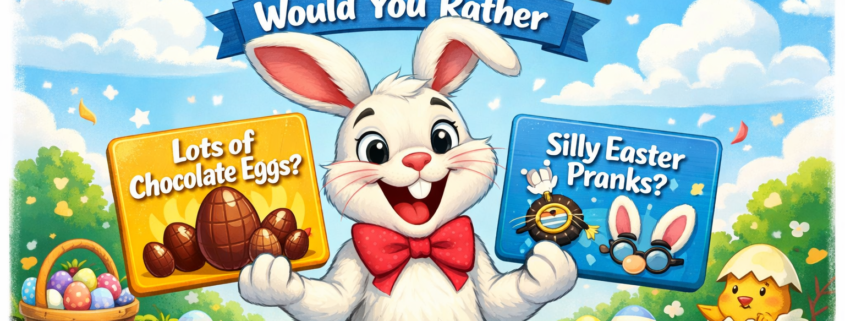 Illustration of a smiling Easter Bunny holding two colorful “Would You Rather” signs—one with chocolate eggs and one with silly Easter pranks—set in a bright spring scene with decorated eggs, a chick, and festive banners, featuring the title “40 Easter Bunny Would You Rather” and subtle “FunAttic. Since 1998” branding in the corner.
