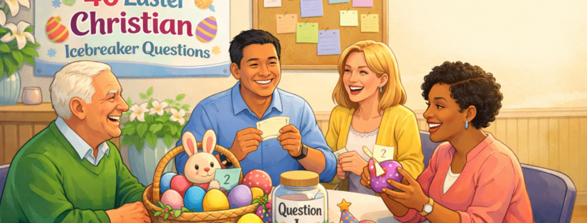 Playful FunAttic-style illustration of four adults laughing around a table at an Easter church gathering, with a basket of colorful eggs, a “Question Jar,” and a banner reading “40 Easter Christian Icebreaker Questions,” plus subtle “FunAttic. Since 1998” branding in the bottom-right.