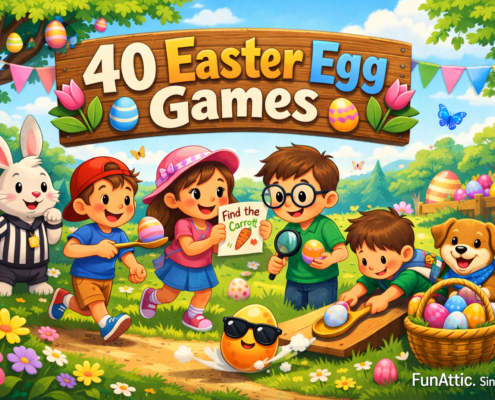 Illustration of children and friendly animals playing cheerful Easter egg games in a sunny spring park, with colorful eggs, flowers, and decorations, a bunny referee, and a wooden sign reading “40 Easter Egg Games,” plus subtle branding text “FunAttic. Since 1998” in the bottom-right corner.