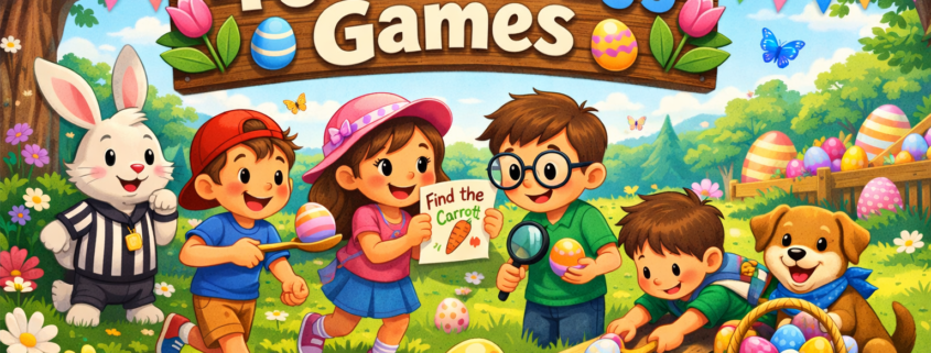 Illustration of children and friendly animals playing cheerful Easter egg games in a sunny spring park, with colorful eggs, flowers, and decorations, a bunny referee, and a wooden sign reading “40 Easter Egg Games,” plus subtle branding text “FunAttic. Since 1998” in the bottom-right corner.