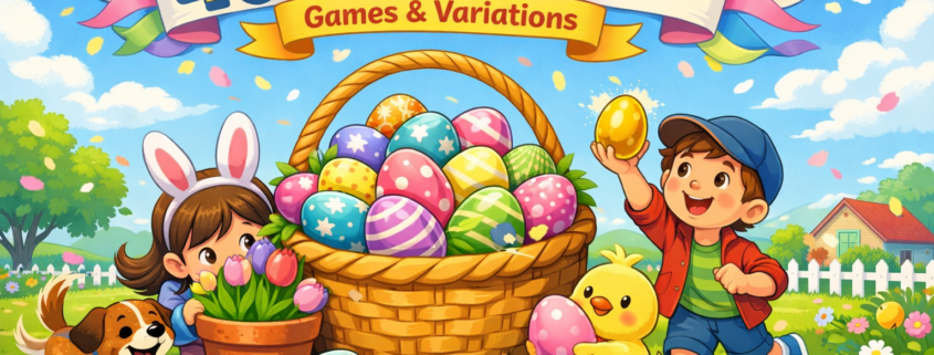 “Playful, colorful illustration of a springtime Easter egg hunt featuring a large basket overflowing with decorated eggs, two smiling children searching and celebrating, a cheerful yellow chick holding an egg, and a happy dog in a sunny garden with flowers and a white fence. A festive banner reads ‘40 Easter Egg Hunt Games & Variations,’ with subtle ‘FunAttic. Since 1998’ branding in the bottom-right corner.”