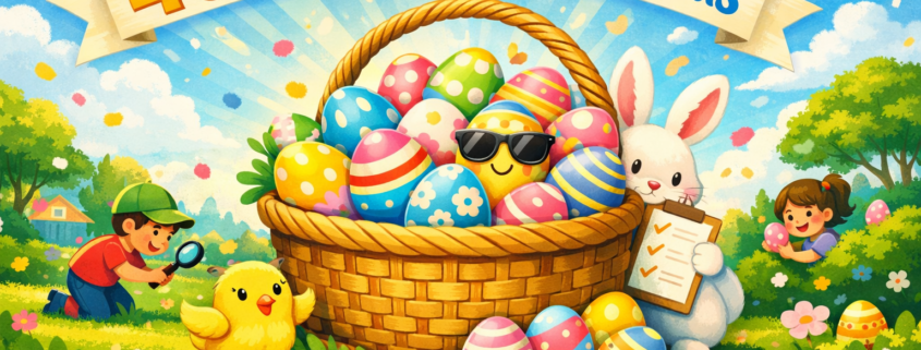 Playful Easter egg hunt illustration with a large basket of colorful decorated eggs at center, a bunny holding a checklist, a chick, and children searching in a sunny spring garden, with the title “40 Easter Egg Hunt Ideas” across the sky and subtle “FunAttic. Since 1998” branding in the bottom-right corner.