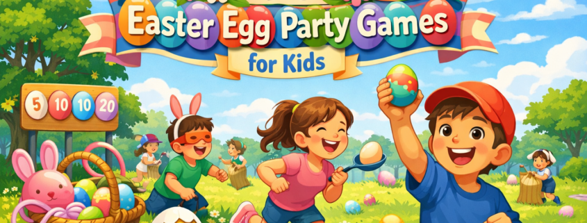 “Colorful illustrated scene of children playing Easter egg party games in a sunny park. Kids run and laugh while holding decorated eggs, with baskets, pastel eggs, a chick hatching, and bunny-themed decorations around them. A festive banner reads ‘40 Easter Egg Party Games for Kids,’ and subtle branding in the bottom-right corner says ‘FunAttic. Since 1998.’”