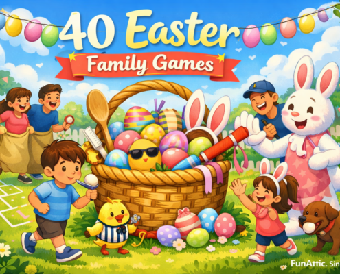 Illustration of a joyful Easter family game scene in a sunny backyard, with parents and children laughing and playing games like egg-and-spoon races and sack races around a large basket of colorful Easter eggs. A friendly bunny mascot and a playful chick add humor, pastel egg garlands frame the title “40 Easter Family Games,” and the branding text “FunAttic. Since 1998” appears in the bottom-right corner.