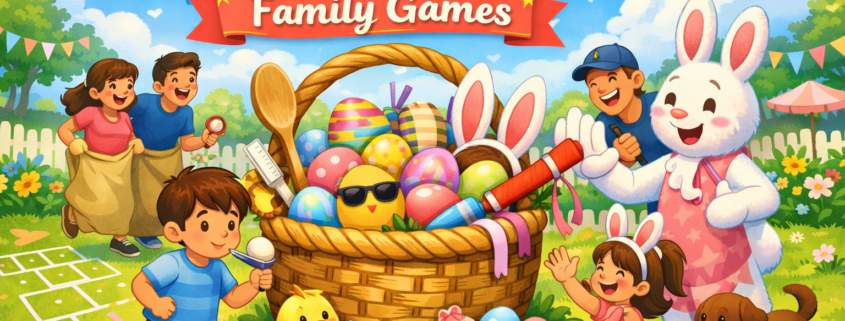 Illustration of a joyful Easter family game scene in a sunny backyard, with parents and children laughing and playing games like egg-and-spoon races and sack races around a large basket of colorful Easter eggs. A friendly bunny mascot and a playful chick add humor, pastel egg garlands frame the title “40 Easter Family Games,” and the branding text “FunAttic. Since 1998” appears in the bottom-right corner.
