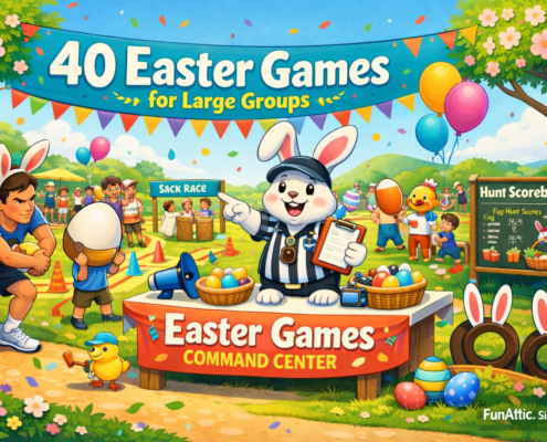 A bright, playful Easter party scene shows a bunny referee running an “Easter Games Command Center” while families compete in big-group games like sack races and egg hunts; a banner reads “40 Easter Games for Large Groups,” and “FunAttic. Since 1998” appears in the bottom-right corner.