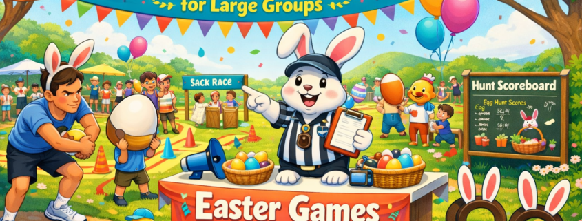 A bright, playful Easter party scene shows a bunny referee running an “Easter Games Command Center” while families compete in big-group games like sack races and egg hunts; a banner reads “40 Easter Games for Large Groups,” and “FunAttic. Since 1998” appears in the bottom-right corner.
