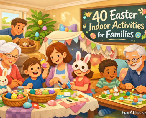 A cheerful, colorful illustration of a multi-generational family enjoying Easter indoor activities in a cozy living room, including decorating eggs, crafting bunny masks, and playing games, with a chalkboard sign reading “40 Easter Indoor Activities for Families” and subtle “FunAttic. Since 1998” branding in the bottom-right corner.