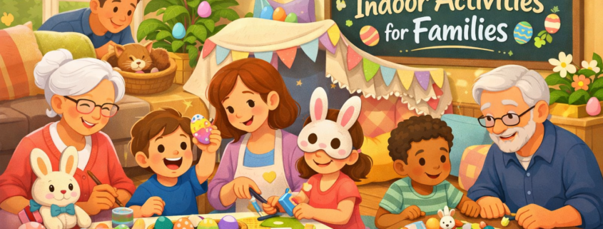 A cheerful, colorful illustration of a multi-generational family enjoying Easter indoor activities in a cozy living room, including decorating eggs, crafting bunny masks, and playing games, with a chalkboard sign reading “40 Easter Indoor Activities for Families” and subtle “FunAttic. Since 1998” branding in the bottom-right corner.