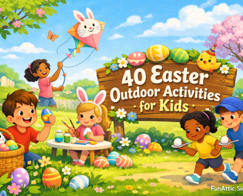 Illustration of kids enjoying Easter outdoor activities in a sunny spring park, including an egg hunt, egg painting, flying a bunny-shaped kite, and an egg-and-spoon race, with colorful Easter eggs, flowers, a playful bunny, and the title “40 Easter Outdoor Activities for Kids” displayed on a wooden sign.