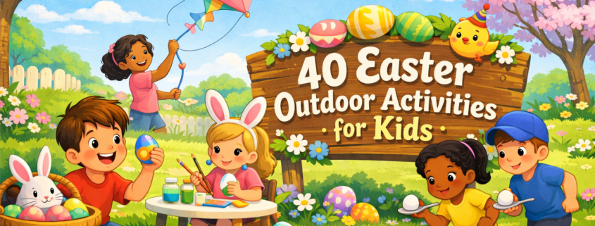 Illustration of kids enjoying Easter outdoor activities in a sunny spring park, including an egg hunt, egg painting, flying a bunny-shaped kite, and an egg-and-spoon race, with colorful Easter eggs, flowers, a playful bunny, and the title “40 Easter Outdoor Activities for Kids” displayed on a wooden sign.