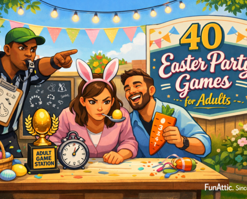 A bright, playful cartoon illustration of an adult Easter party game station in a sunny backyard: a referee blows a whistle while pointing, a woman in bunny ears concentrates as she balances a yellow egg on a spoon, and a laughing man holds a carrot-shaped scorecard. Colorful eggs, a basket, a golden egg trophy, a stopwatch, bunting, and string lights decorate the scene. A large sign reads “40 Easter Party Games for Adults,” and subtle branding “FunAttic. Since 1998” appears in the bottom-right corner.