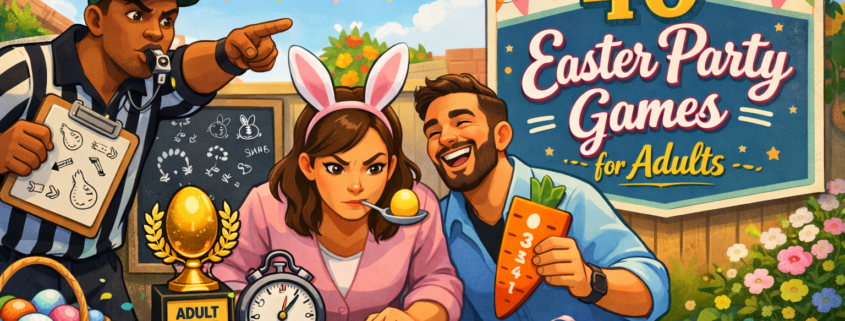 A bright, playful cartoon illustration of an adult Easter party game station in a sunny backyard: a referee blows a whistle while pointing, a woman in bunny ears concentrates as she balances a yellow egg on a spoon, and a laughing man holds a carrot-shaped scorecard. Colorful eggs, a basket, a golden egg trophy, a stopwatch, bunting, and string lights decorate the scene. A large sign reads “40 Easter Party Games for Adults,” and subtle branding “FunAttic. Since 1998” appears in the bottom-right corner.