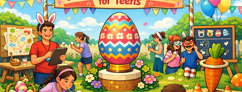 A bright, playful illustration of a teen Easter party game fair in a sunny backyard, centered on a large decorated egg trophy on a podium, with teens competing in games around it (egg-and-spoon race, jellybean sorting, photo booth, and a scoreboard), festive bunting and balloons overhead, the title “40 Easter Party Games for Teens” on a banner at the top, and “FunAttic. Since 1998” subtly in the bottom-right corner.
