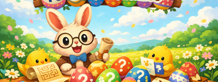 Illustration of a cheerful bunny wearing glasses and a bow tie, standing at a table filled with colorful Easter eggs marked with question marks, while two curious yellow chicks read puzzle cards nearby. A bright spring meadow with flowers and floating petals forms the background. A banner made of decorated eggs reads “40 Easter Riddles,” and the text “FunAttic. Since 1998” appears in the bottom-right corner.