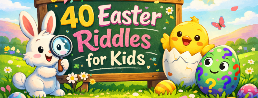 Playful Easter illustration showing a smiling bunny with a magnifying glass, a cheerful chick popping out of an egg, and a colorful riddle-themed Easter egg gathered around a wooden sign that reads “40 Easter Riddles for Kids,” set in a bright spring meadow with flowers, sunshine, and festive details, with subtle branding text “FunAttic. Since 1998” in the bottom-right corner.