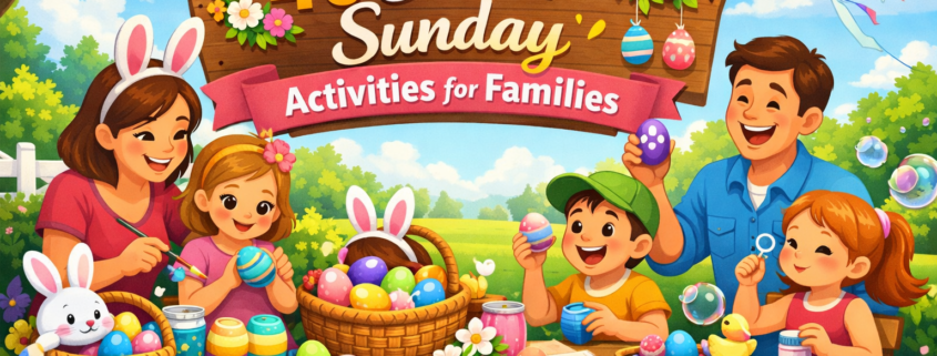 Illustration of a happy family celebrating Easter in a sunny backyard, painting colorful Easter eggs at a picnic table surrounded by baskets, crafts, bubbles, and playful details like a bunny and chick. A decorative sign above them reads “40 Easter Sunday Activities for Families,” with bright spring colors, a flying kite, blooming flowers, and subtle branding text “FunAttic. Since 1998” in the bottom-right corner.