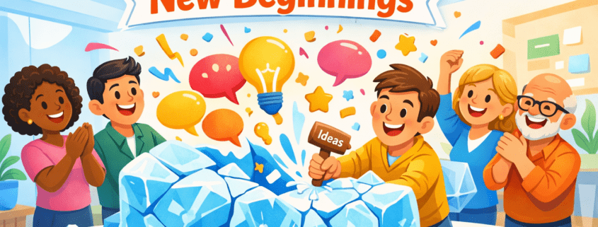 An illustration titled "40 Icebreakers for New Beginnings" featuring a diverse group of five smiling people gathered around a large, bright blue block of ice. In the center, a young man holds a small brown mallet labeled "Ideas" and is actively chipping away at the ice. As he strikes it, colorful speech bubbles, yellow stars, and a glowing lightbulb pop out from the cracks, symbolizing the "breaking" of social barriers and the emergence of new ideas. The people surrounding him are cheering and clapping with enthusiastic expressions. The background is a bright, airy room with plants, suggesting a friendly office or community setting. The bottom right corner features a logo for "FunAttic. Since 1998."