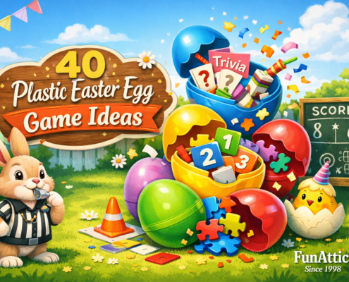 Illustrated Easter-themed scene with colorful plastic eggs spilling out game pieces like trivia cards, puzzle blocks, and hopscotch tiles in a sunny backyard. A smiling bunny dressed as a referee stands on the left, a chick in a cracked egg with a party hat stands on the right, and a chalkboard scoreboard sits behind them. A wooden sign reads “40 Plastic Easter Egg Game Ideas,” with bright confetti, spring flowers, and playful details throughout. Subtle branding text “FunAttic. Since 1998” appears in the bottom-right corner.