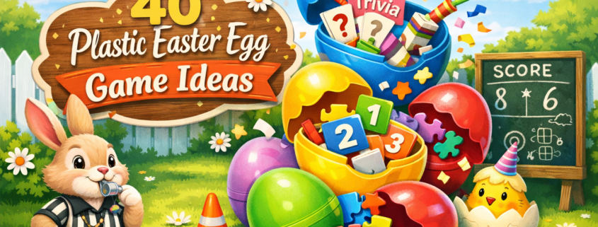 Illustrated Easter-themed scene with colorful plastic eggs spilling out game pieces like trivia cards, puzzle blocks, and hopscotch tiles in a sunny backyard. A smiling bunny dressed as a referee stands on the left, a chick in a cracked egg with a party hat stands on the right, and a chalkboard scoreboard sits behind them. A wooden sign reads “40 Plastic Easter Egg Game Ideas,” with bright confetti, spring flowers, and playful details throughout. Subtle branding text “FunAttic. Since 1998” appears in the bottom-right corner.
