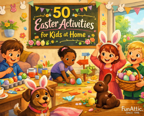 A bright, playful Easter illustration shows several kids at home doing Easter activities—painting colorful eggs, setting up an indoor egg hunt, crafting bunny ears, and holding a basket of decorated eggs—while a friendly dog in bunny ears watches. A chalkboard-style banner reads “50 Easter Activities for Kids at Home,” with festive spring decorations and a sunny backyard in the background. The FunAttic. Since 1998 logo appears in the bottom-right corner.