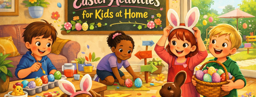 A bright, playful Easter illustration shows several kids at home doing Easter activities—painting colorful eggs, setting up an indoor egg hunt, crafting bunny ears, and holding a basket of decorated eggs—while a friendly dog in bunny ears watches. A chalkboard-style banner reads “50 Easter Activities for Kids at Home,” with festive spring decorations and a sunny backyard in the background. The FunAttic. Since 1998 logo appears in the bottom-right corner.