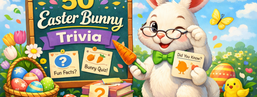 “Colorful illustration of a smiling Easter Bunny wearing glasses and a green bow tie, holding a carrot and a trivia card beside a chalkboard reading ‘50 Easter Bunny Trivia,’ surrounded by decorated Easter eggs, flowers, books, and a small chick in a bright spring meadow, with ‘FunAttic. Since 1998’ in the bottom-right corner.”