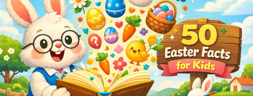 Illustration of a smiling Easter bunny wearing glasses and holding an open book, with colorful Easter eggs, chicks, carrots, flowers, and question marks floating out of the pages. A wooden sign reads “50 Easter Facts for Kids.” Another small bunny sits nearby counting eggs. Bright spring landscape with blue sky, green hills, and flowers, with “FunAttic. Since 1998” in the bottom-right corner.