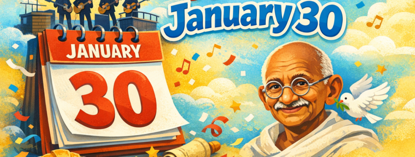 Playful, colorful illustration for a blog header showing an oversized desk calendar flipped to January 30, with silhouetted musicians on a rooftop referencing The Beatles, a gentle illustrated portrait of Mahatma Gandhi with a peace dove, a croissant on a plate, and floating icons like musical notes and confetti. Bright yellows and sky blues dominate the scene, with the title “50 Facts On January 30” prominently displayed and subtle branding text “FunAttic. Since 1998” in the bottom-right corner.