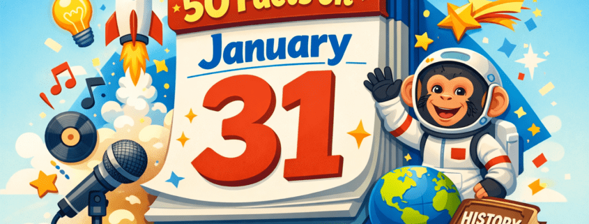 Illustrated blog header showing a playful calendar flipped to January 31 with the title “50 Facts on January 31.” A smiling chimp astronaut waves beside the calendar, while a rocket launches upward, musical notes and a microphone float nearby, and a globe and history book sit at the base. Colorful stars, light bulbs, and question marks add a festive feel against a bright blue background. The style is clean, modern, and cheerful, with subtle branding text reading “FunAttic. Since 1998” in the bottom-right corner.