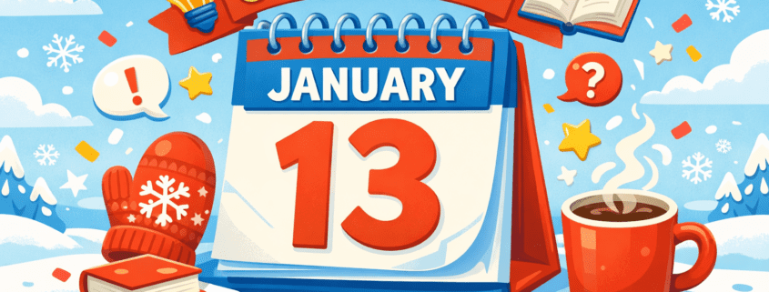 FunAttic winter-themed illustrated blog header showing a bright desk calendar flipped to January 13 with the title ‘50 Facts on January 13.’ The calendar is surrounded by playful fact icons like a lightbulb, book, speech bubbles, stars, and question marks, along with cozy winter details such as mittens, steaming coffee, snowflakes, and subtle confetti. The scene uses a cheerful blue, yellow, coral, and white color palette with a clean, friendly vector style. ‘FunAttic. Since 1998’ appears subtly in the bottom-right corner.