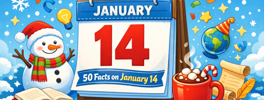 Playful winter illustration of a wall calendar open to January 14 with the title ‘50 Facts on January 14,’ surrounded by a smiling snowman in a scarf, drifting snowflakes, a steaming mug of hot chocolate, books, light bulbs, stars, and confetti on a bright blue background, with subtle ‘FunAttic. Since 1998’ branding in the bottom-right corner.