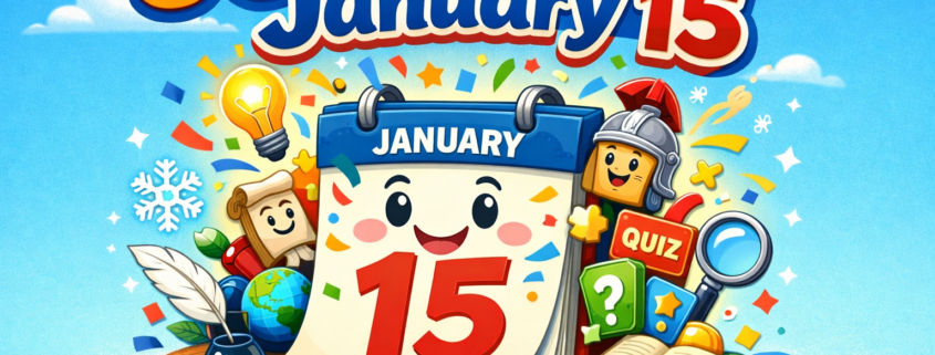 Playful, polished illustration of a smiling January calendar page opened to January 15, with colorful confetti and small icons (lightbulb, books, snowflake, globe, quiz symbols) popping out to suggest fun facts. The headline “50 Facts on January 15” appears prominently above in a friendly, modern font, set against a bright blue winter-themed background with clouds. Subtle branding text “FunAttic. Since 1998” sits in the bottom-right corner, with ample negative space for readability.