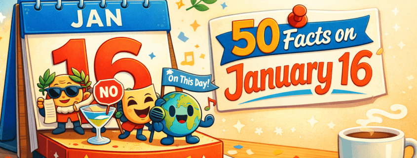 Joyful, colorful editorial illustration of a whimsical desktop calendar flipped to January 16, where cute, personified “facts” parade across a tiny stage on the calendar block—an ancient laurel-crowned character with a scroll, a “no” sign over a cocktail glass, a smiling theater mask with a microphone, and a friendly globe waving an “On This Day!” pennant—set against a bright, airy background with subtle confetti and winter accents. On the right, a playful banner reads “50 Facts on January 16,” with small branding text “FunAttic. Since 1998” in the bottom corner.