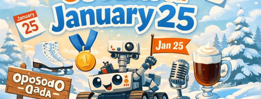 Playful winter illustration of a whimsical January 25 “fact parade”: a cute Mars rover rolls forward waving a small “Jan 25” flag, followed by ice skates, a gold medal, a steaming Irish coffee, a vintage microphone, and scattered calendar pages marked January 25. A humorous upside-down “Opposite Day” sign appears among the elements. The scene sits under a bright, stylized winter sky with soft sunlight and snow, using cheerful blues, oranges, yellows, and whites. The title “50 Facts on January 25” is integrated prominently, with subtle branding text “FunAttic. Since 1998” in the bottom-right corner.