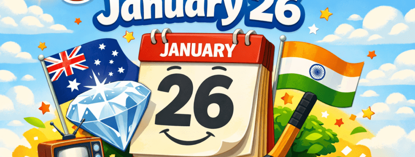 Playful, polished illustration of a smiling calendar flipped to January 26, surrounded by a sparkling diamond, Australian and Indian flags, a vintage television, and a hockey stick with puck. The bold title ‘50 Facts on January 26’ appears prominently at the top against a bright blue sky with clouds and confetti-like accents. Clean, cheerful colors and a celebratory mood, with subtle branding text ‘FunAttic. Since 1998’ in the bottom-right corner.