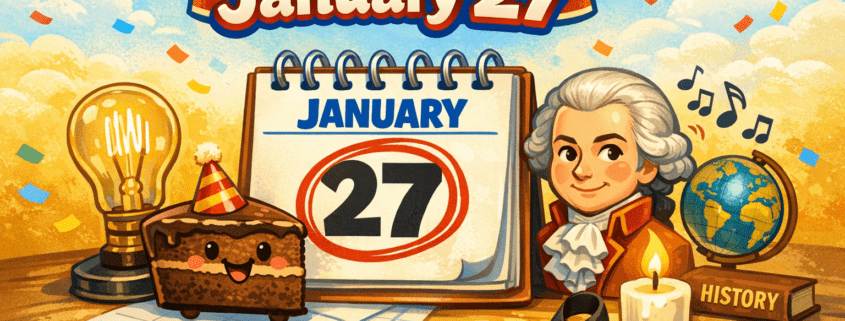 Playful illustrated blog header in a 16:9 layout showing an open January calendar with the 27 circled in red on a cheerful desk scene. Surrounding it are a smiling slice of chocolate cake wearing a party hat, a glowing vintage light bulb, a friendly cartoon bust of Mozart with floating musical notes, a small globe and history book, and a softly lit candle with a black ribbon symbolizing remembrance. Above the calendar, the headline “50 Facts on January 27” appears in bold, friendly lettering, with a bright blue-and-yellow festive background and subtle confetti. In the bottom-right corner, small branding text reads “FunAttic. Since 1998.”