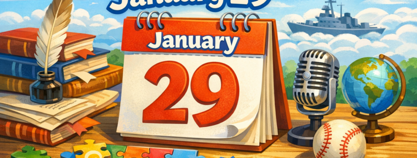 Bright, playful illustrated blog header showing a cheerful desk scene with a large flip calendar opened to January 29 at the center, titled “50 Facts on January 29.” Around the calendar are colorful jigsaw puzzle pieces, a stack of books with a quill pen, a vintage microphone, a globe, and a baseball, symbolizing history, puzzles, media, and famous figures. Soft clouds and a subtle naval ship silhouette appear in the background sky. The illustration uses vibrant colors, clean lines, and a joyful, polished digital style. The text “FunAttic. Since 1998” appears clearly in the bottom-right corner.