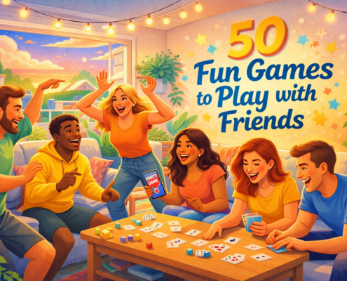 “Bright, playful illustrated blog header showing a diverse group of friends in their 20s–30s enjoying game night in a cozy, sunlit living room with string lights and open windows. Friends laugh while playing charades, card games, and dice at a coffee table, one person holds a smartphone with a party game app, a Jenga tower topples as a dog tries to grab a block, and another friend wears a silly game headband. The headline ‘50 Fun Games to Play with Friends’ appears as stylized lettering on the wall, with subtle branding text ‘FunAttic. Since 1998’ in the bottom-right corner.”