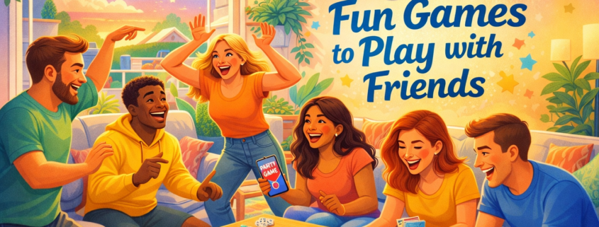 “Bright, playful illustrated blog header showing a diverse group of friends in their 20s–30s enjoying game night in a cozy, sunlit living room with string lights and open windows. Friends laugh while playing charades, card games, and dice at a coffee table, one person holds a smartphone with a party game app, a Jenga tower topples as a dog tries to grab a block, and another friend wears a silly game headband. The headline ‘50 Fun Games to Play with Friends’ appears as stylized lettering on the wall, with subtle branding text ‘FunAttic. Since 1998’ in the bottom-right corner.”