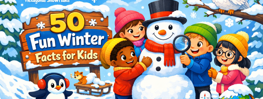 Playful winter illustration showing a diverse group of smiling kids building a snowman in a bright, snowy landscape; one child holds a magnifying glass while a penguin in earmuffs and a snow owl look on, with science-themed details like a snowflake diagram, thermometer, and snowy globe. A wooden sign reads “50 Fun Winter Facts for Kids,” with subtle branding text “FunAttic. Since 1998” in the bottom-right corner.