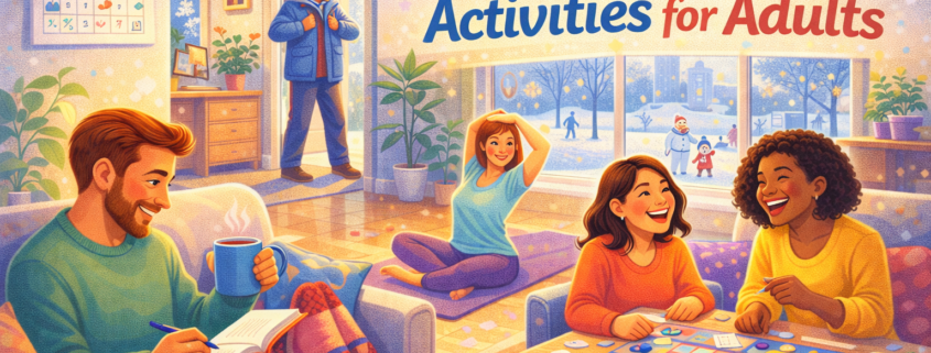“Bright, playful illustrated blog header showing adults enjoying cozy January activities in a modern living room with a snowy park visible through large windows. One person journals with a mug of coffee, another stretches on a yoga mat, two friends laugh over a board game, and someone in the background puts on a winter coat. Outside, snow falls with a jogger, walkers, and a snowman in the park. The headline ‘50 January Activities for Adults’ appears prominently, with subtle branding text ‘FunAttic. Since 1998’ in the bottom-right corner.”
