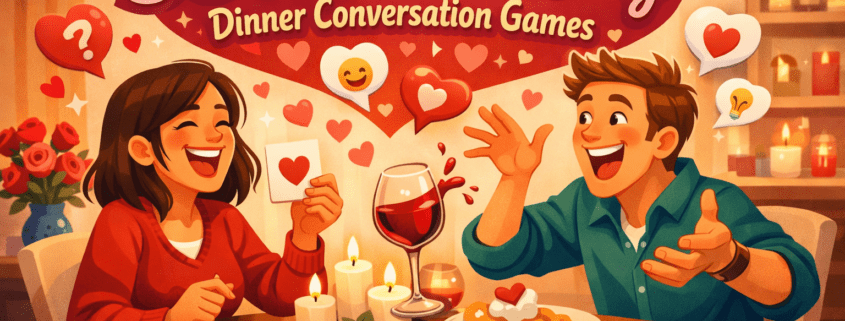 Illustrated Valentine’s Day dinner scene in a warm, modern dining room: two people sit across a candlelit table laughing, one holding a heart-themed conversation card while the other gestures playfully and nearly tips a wine glass. Heart-shaped speech bubbles with emojis float above them, a stack of love-question game cards rests on the table, and the title “50 Valentine’s Day Dinner Conversation Games” appears prominently above. Bright reds, pinks, and soft neutrals create a cheerful, whimsical mood, with subtle branding “FunAttic. Since 1998” in the bottom-right corner.