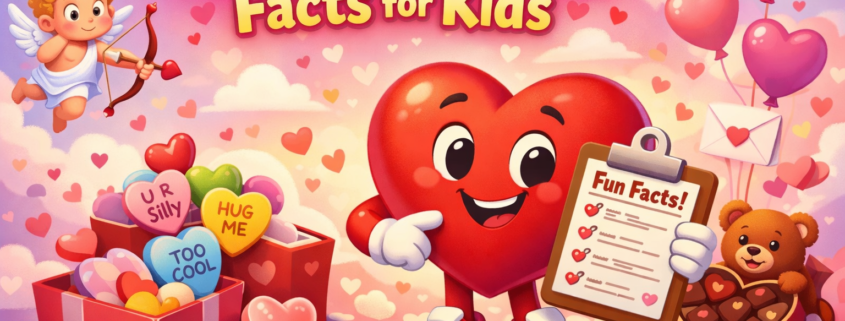 A colorful Valentine’s Day illustration for kids showing the title “50 Valentine’s Day Facts for Kids” in big playful letters. A smiling cartoon heart character wearing sneakers holds a clipboard labeled “Fun Facts!” Around it are heart-shaped candies with messages like “Hug Me,” “Too Cool,” and “U R Silly,” a teddy bear with chocolates, envelopes, balloons, and floating hearts. A small cupid with a bow and arrow flies in the corner. The background is a soft pink and purple sky filled with hearts, creating a cheerful, kid-friendly Valentine’s theme.