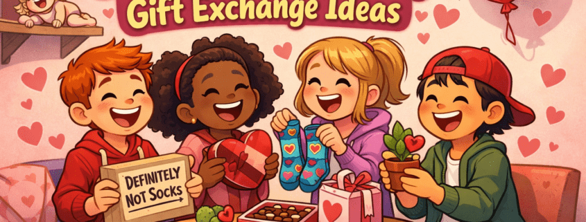 Illustrated Valentine’s Day blog header showing a diverse group of cheerful cartoon friends gathered around a small table exchanging quirky gifts like heart-shaped chocolates, silly socks, and a mini plant. A box labeled “Definitely Not Socks” adds humor, while a heart balloon is stuck to the ceiling and a tiny cupid figurine tips over nearby. The scene uses warm pinks, reds, and soft purples with bright, even lighting. The title “50 Valentine’s Day Gift Exchange Ideas” is integrated prominently at the top, with subtle branding text “FunAttic. Since 1998” in the bottom-right corner.