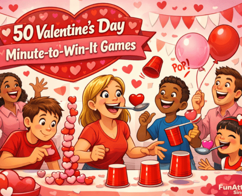 Illustrated Valentine’s Day party scene in a bright, playful cartoon style showing diverse adults and kids laughing while playing Minute-to-Win-It games like stacking heart candies, balancing hearts on spoons, flipping cups, and juggling balloons. Pink and red decorations, heart confetti, and balloons fill the room, with a wobbling candy tower and a balloon about to pop. A festive banner reads “50 Valentine’s Day Minute-to-Win-It Games,” and subtle branding in the corner says “FunAttic. Since 1998.”