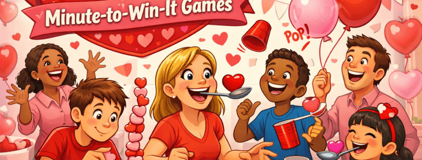 Illustrated Valentine’s Day party scene in a bright, playful cartoon style showing diverse adults and kids laughing while playing Minute-to-Win-It games like stacking heart candies, balancing hearts on spoons, flipping cups, and juggling balloons. Pink and red decorations, heart confetti, and balloons fill the room, with a wobbling candy tower and a balloon about to pop. A festive banner reads “50 Valentine’s Day Minute-to-Win-It Games,” and subtle branding in the corner says “FunAttic. Since 1998.”