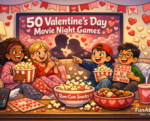Whimsical Valentine’s movie night illustration showing four diverse cartoon friends on a cozy couch with popcorn, candy hearts, and bingo cards. One points excitedly at a TV displaying the title ‘50 Valentine’s Day Movie Night Games’ over a romantic silhouette with floating hearts. Playful details include heart-shaped popcorn, a winged remote, and a bowl labeled ‘Rom-Com Snacks,’ all in a bright pink and red festive living room. Subtle branding text reads ‘FunAttic. Since 1998.’