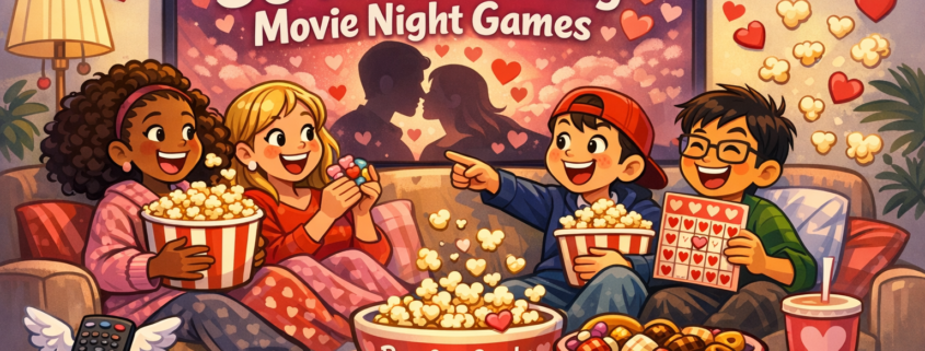 Whimsical Valentine’s movie night illustration showing four diverse cartoon friends on a cozy couch with popcorn, candy hearts, and bingo cards. One points excitedly at a TV displaying the title ‘50 Valentine’s Day Movie Night Games’ over a romantic silhouette with floating hearts. Playful details include heart-shaped popcorn, a winged remote, and a bowl labeled ‘Rom-Com Snacks,’ all in a bright pink and red festive living room. Subtle branding text reads ‘FunAttic. Since 1998.’