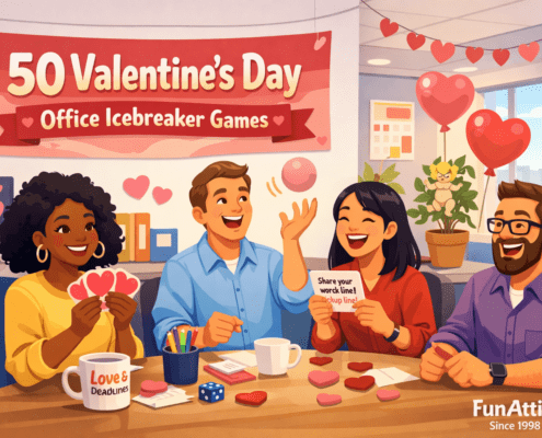 Illustration of a cheerful modern office celebrating Valentine’s Day, with a diverse group of smiling coworkers gathered around a table playing icebreaker games. One person holds heart-shaped cards, another tosses a pink ball, and another reads a funny prompt while everyone laughs. The office is decorated with heart garlands, heart-shaped sticky notes, a cupid-themed plant, and a coffee mug labeled “Love & Deadlines.” A banner in the scene reads “50 Valentine’s Day Office Icebreaker Games,” with open space on the left side, and subtle branding text “FunAttic. Since 1998” appears in the bottom-right corner.
